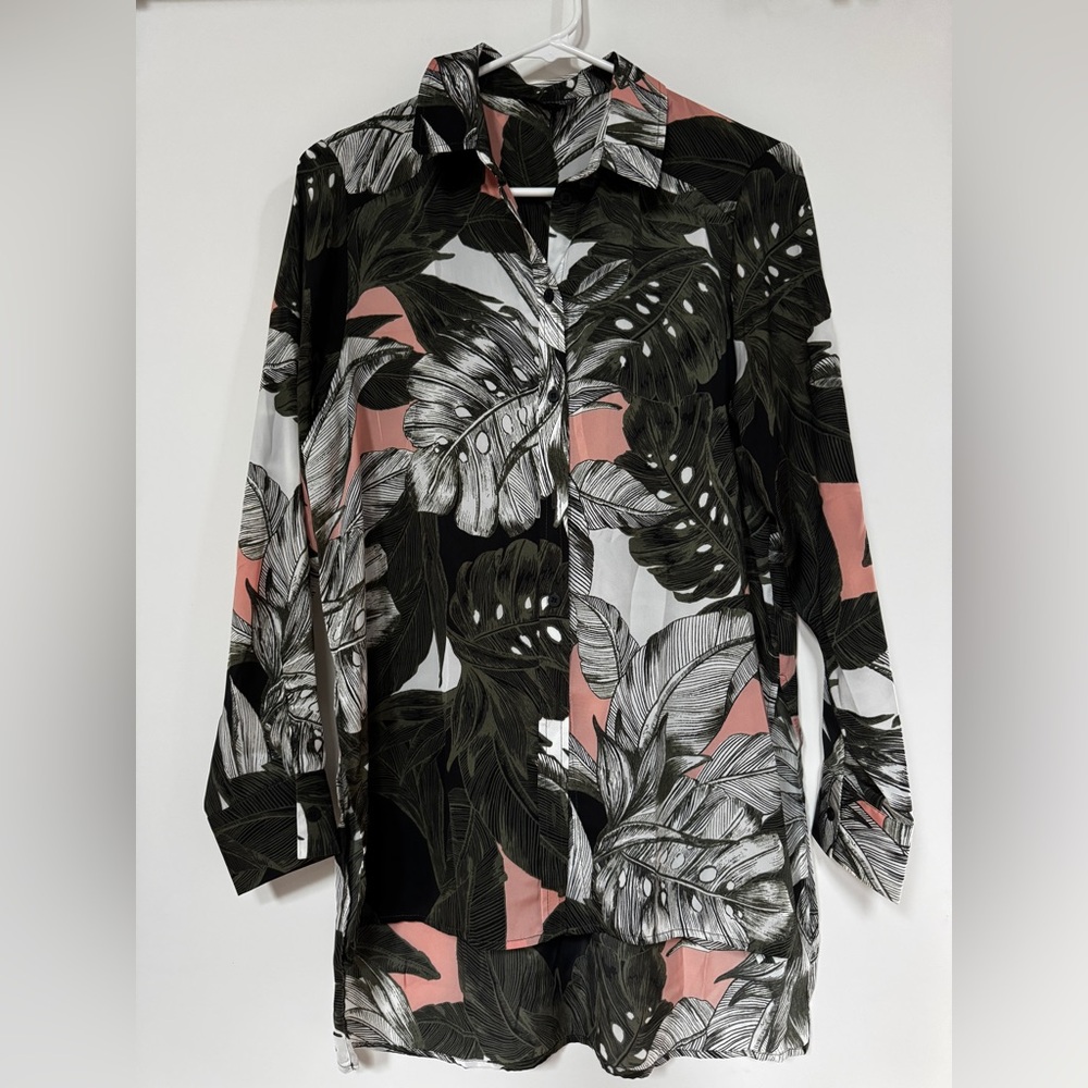 Topshop Leaf Print Shirt in Black, White, and Pink